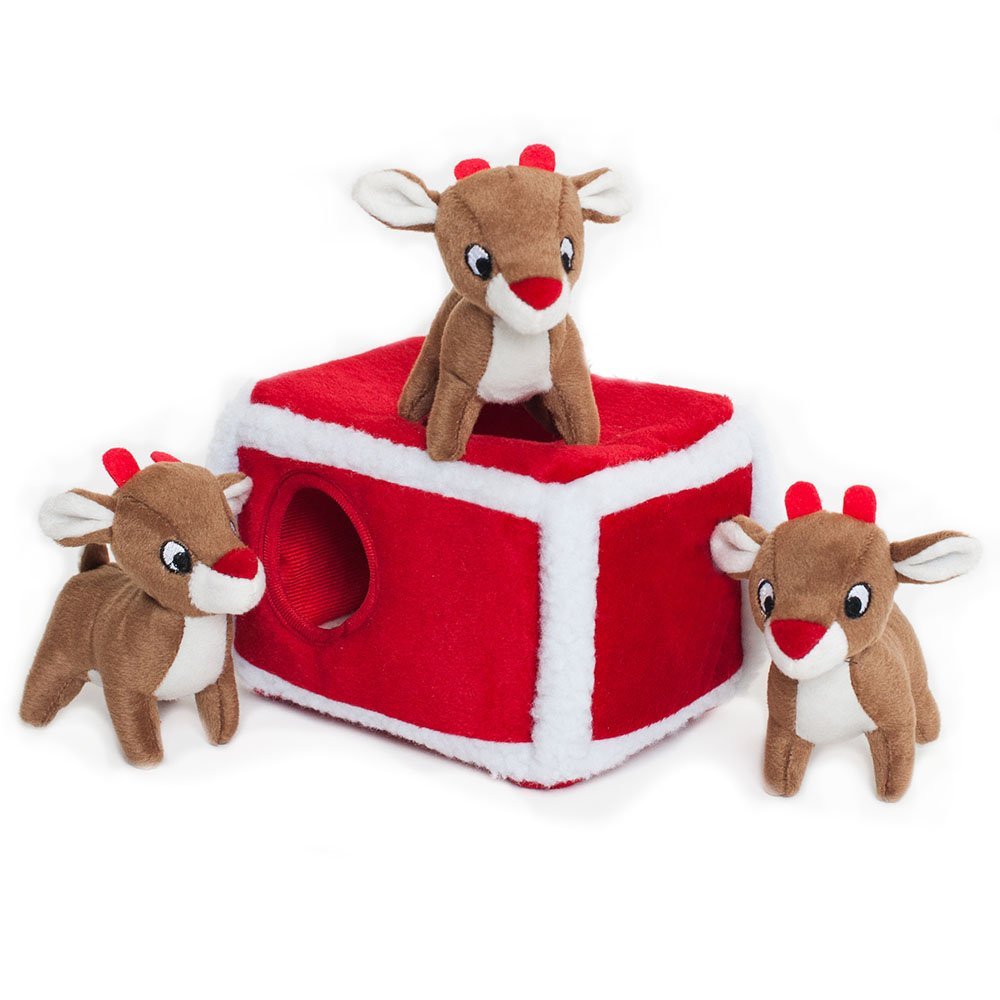 ZippyPaws Holiday Reindeer Pen Burrow Squeaky Plush Hide and Seek Dog Toy